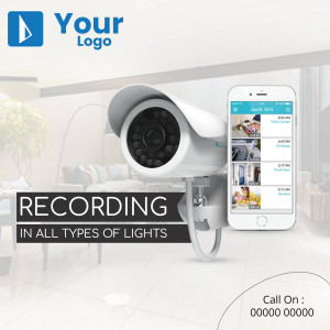 Image of a security camera and smartphone displaying live footage, promoting home security.