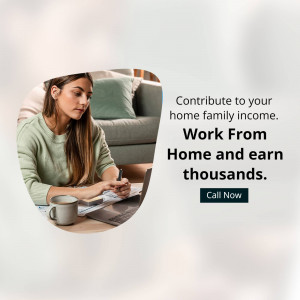 Woman working on laptop at home with text promoting work from home income.