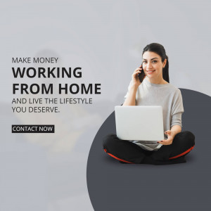Woman working on laptop at home, promoting work from home opportunity