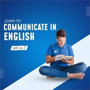 A young man with headphones reading a book, promoting English language learning.
