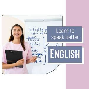 Woman teaching English with a whiteboard and clipboard