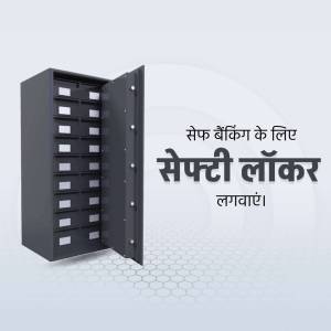 A grey safety locker with open compartments, advertising secure banking solutions.