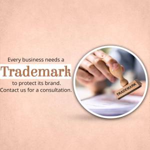 Trademark stamp on document with text promoting trademark services