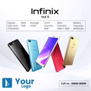 Infinix Hot 6 smartphone in multiple colors - black, blue, red, and gold.