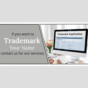 Image promoting trademark application services with a laptop and floral arrangement.
