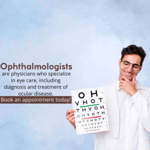 A smiling ophthalmologist holding an eye chart.