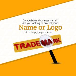 Image promoting trademark services for business names and logos.