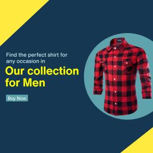 Red and black plaid shirt for men on a blue background with promotional text.