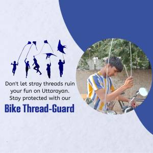 Image of a person riding a bike with a thread guard during Uttarayan kite festival.