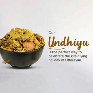 A bowl of Undhiyu with text promoting it as a perfect dish for Uttarayan kite festival.