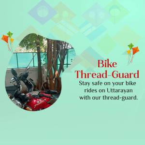 A promotional image for a bike thread-guard, featuring a scooter and kites.