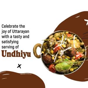 A top-down view of a pot of Undhiyu, a traditional Gujarati dish, with text celebrating Uttarayan.