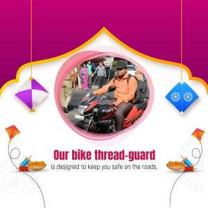A biker wearing a safety vest and backpack riding a motorcycle with the text 'Our bike thread-guard is designed to keep you safe on the roads.'