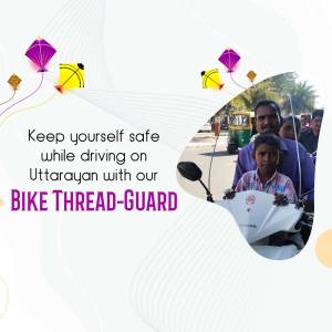 A promotional image for a bike thread-guard during the Uttarayan kite festival, showing a father and son on a motorcycle.