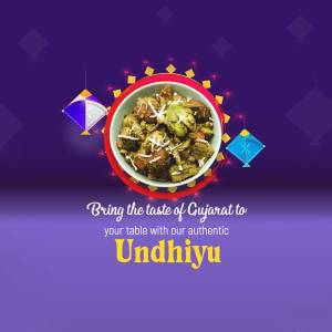 A vibrant image of Undhiyu, a traditional Gujarati dish, with kite decorations.