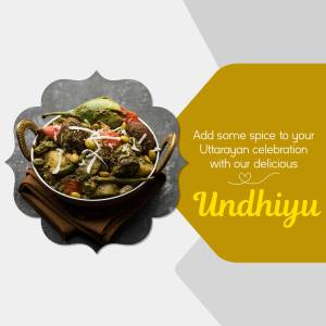 Close-up of Undhiyu dish in a traditional pot, with text promoting it for Uttarayan celebrations.