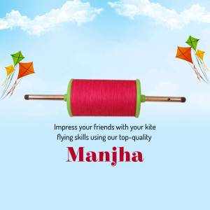 Image of a Manjha spool with kites flying in a blue sky