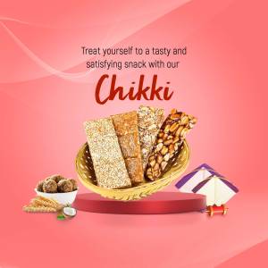 Close-up of Chikki pieces in a woven bowl with decorative elements.