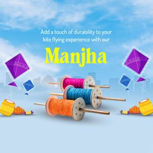 Manjha kite thread spools with kites against a blue sky background