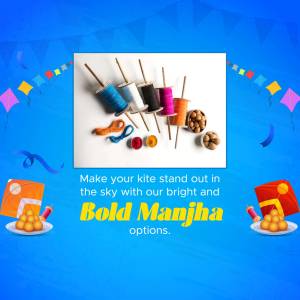 Colorful kite spools and Makar Sankranti decorations with text promoting Manjha.
