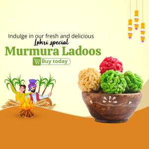 Image of Murmura Ladoos with Lohri decorations and a family celebrating.