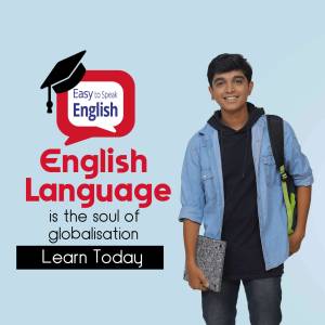 A young man smiling and holding books with an English language learning advertisement.