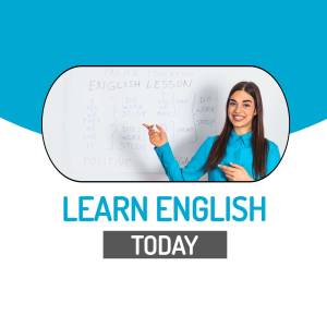 Young woman teaching English with a whiteboard and text 'Learn English Today'
