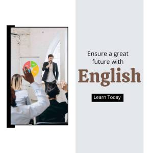 Image of a speaker presenting to a class with text promoting English language learning.