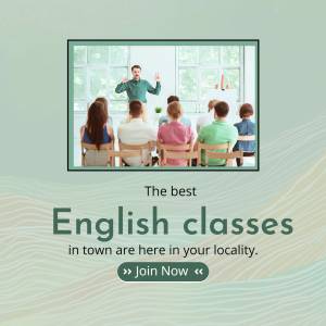 Image of a teacher presenting to a class with text promoting English classes.