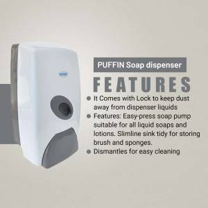 White Puffin soap dispenser with features listed