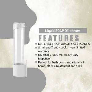 White liquid soap dispenser with product features listed