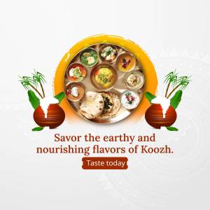 A vibrant image showcasing a traditional South Indian Koozh meal served on a metal plate, surrounded by festive decorations.
