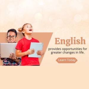 Two children using digital devices with the word 'English' and a call to action.