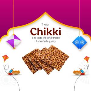 Image of Chikki with kites, promoting a homemade treat.