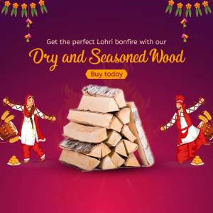 Lohri festival advertisement featuring wood for bonfire, dancers, and traditional decorations.