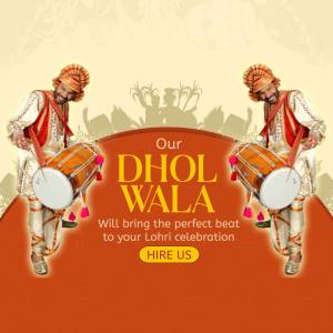 Image of a Dhol player with text promoting Dhol services for Lohri