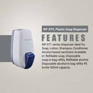 White and blue plastic soap dispenser with features listed