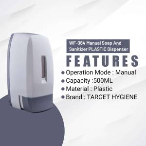 White plastic manual soap and sanitizer dispenser with product features listed.