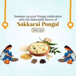 Image of Sakkara Pongal dish with ingredients and traditional decorations for the Pongal festival.