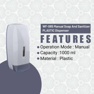 White plastic manual soap and sanitizer dispenser with product features listed.
