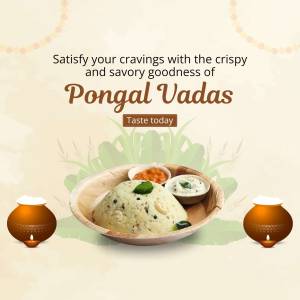 Image of Pongal Vadas served with chutney and yogurt, decorated with traditional elements.