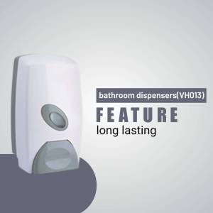 White bathroom soap dispenser with feature text