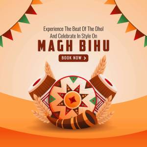 Magh Bihu festival poster with dhol and traditional elements