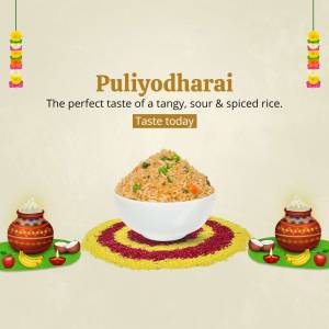 Image of PuliYodharai, a tangy, sour, and spiced rice dish, with traditional decorations.