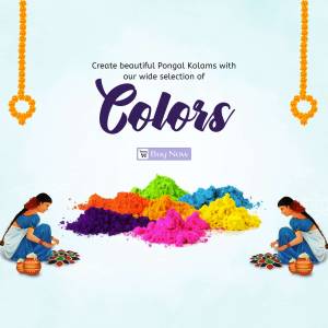 Colorful Pongal celebration with Kolam designs and vibrant powders.