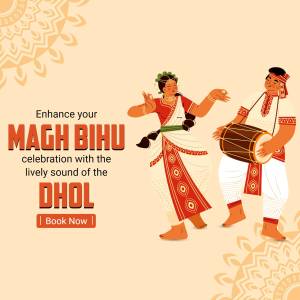 Illustration of Assamese dancers and a dhol player celebrating Magh Bihu.