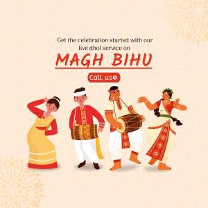 Illustration of traditional Assamese dancers and musicians celebrating Magh Bihu.