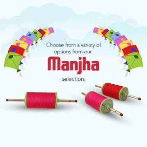 Colorful kites and Manjha thread reels for the kite festival
