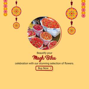 Image of red flowers arranged in cones for Magh Bihu celebration with a 'Buy Now' button.
