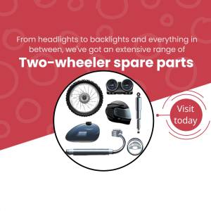 Image showcasing a variety of two-wheeler spare parts including wheels, lights, helmets, and more.